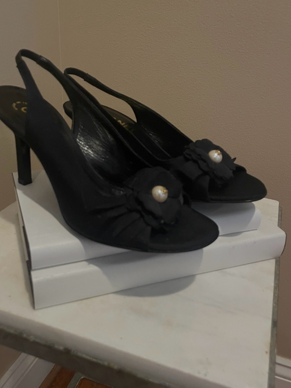 CHANEL Black Slingback Peep-Toe Heels with Floral Pearl Detail